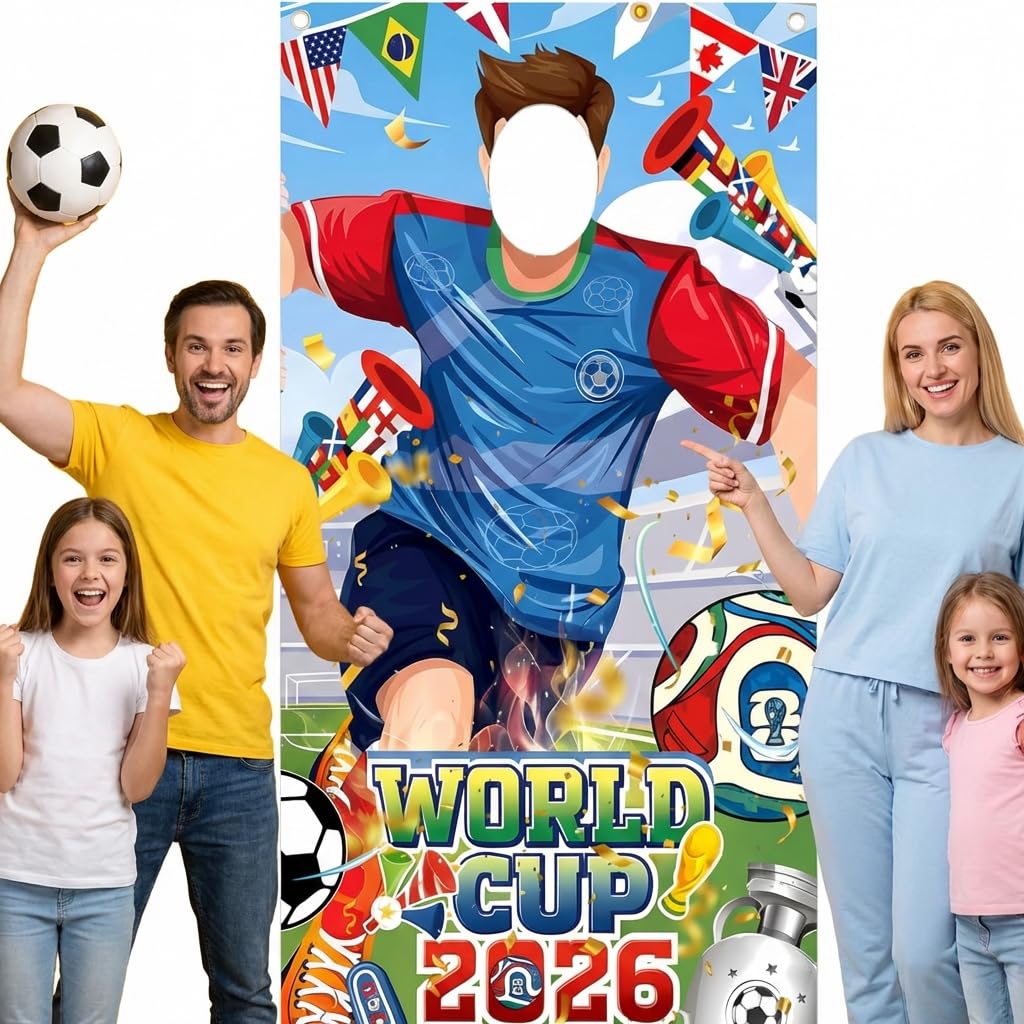 World Cup 2026 Photo Door Banner,180x90cm Football Face in Hole Backdrop,World Cup Football 2026 Decorations for Fan Zone&Pub,Fun World Cup 2026 Merchandise&Football Posters indoor outdoor Wall Decor