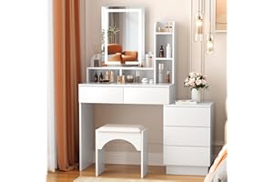 SMOOL Vanity Desk with Lighted Mirror - Makeup Vanity Table with 3 Color Lighting Modes Adjustable Brightness, Vanity with Movable 3-Drawer Chest and Shelves, Vanity Set for Bedroom Studio, White