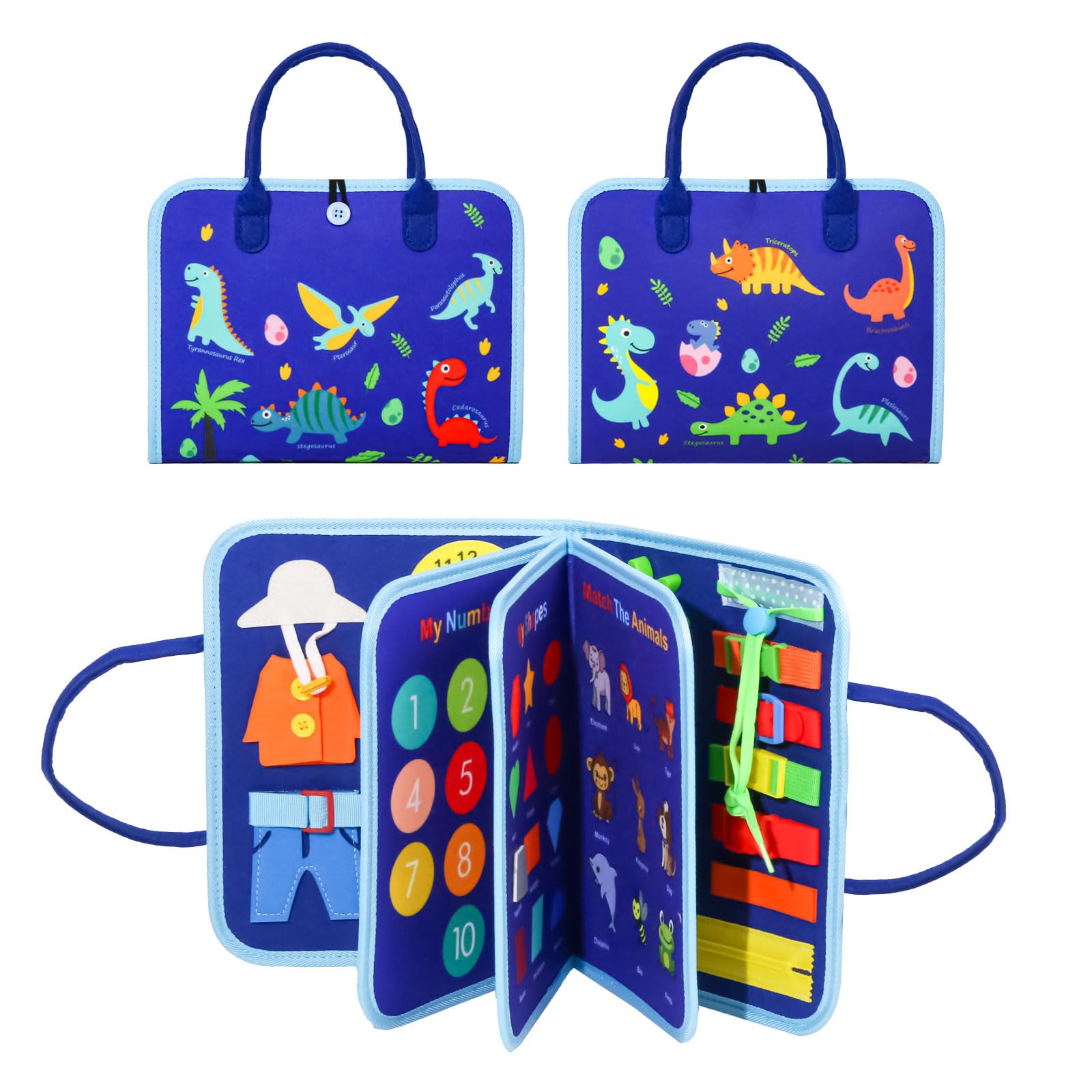 EVERGD Busy Board Montessori Toys Versatile 7 in 1 Educational Activity Sensory Toys Board, Travel Toy - Inspiring Educational Fine Motor Skills learning and Fun for Toddlers (Dinosaur, 3-Layer)