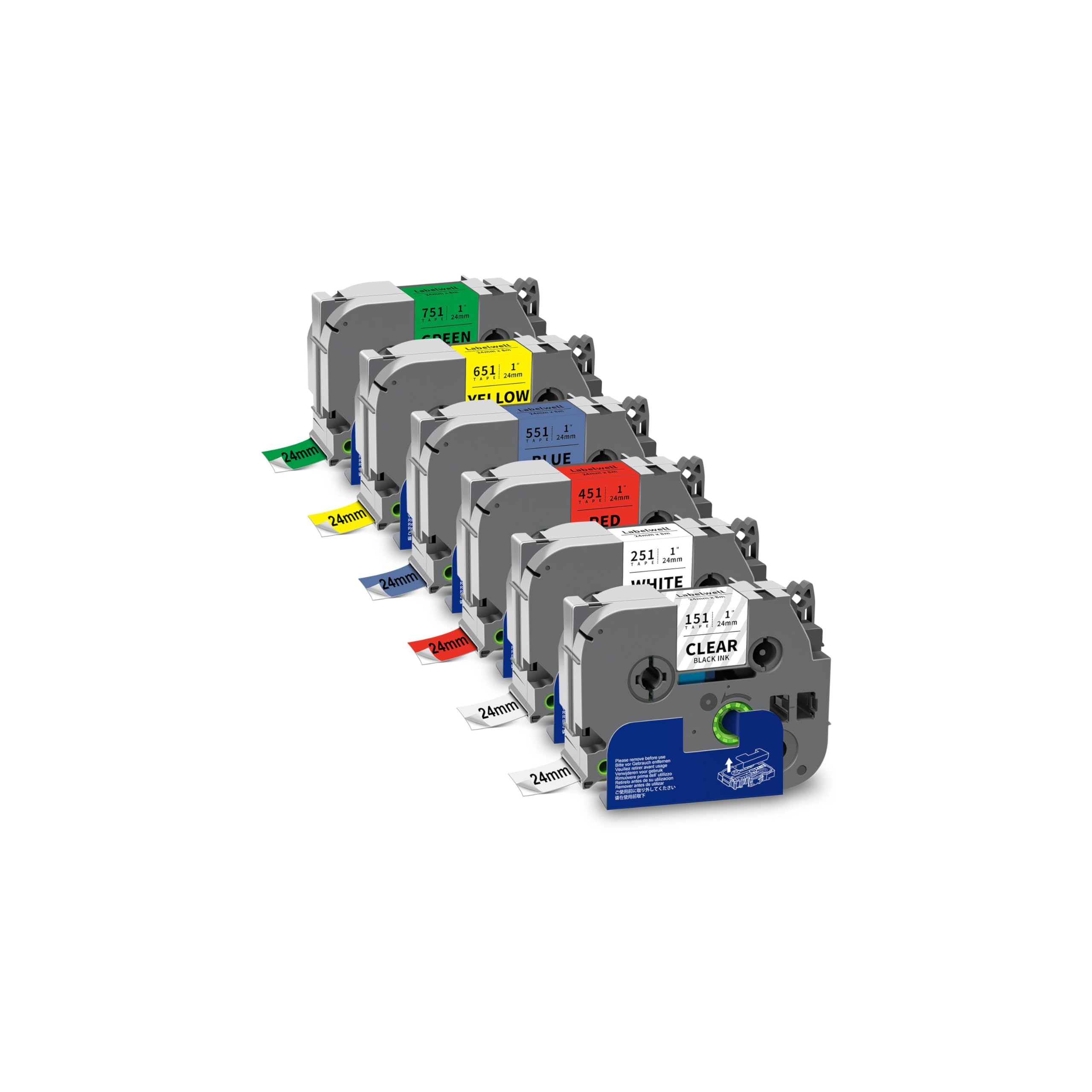 Photo 1 of Labelwell 6-Pack TZe 24mm 0.94" Laminated Compatible for P Touch 1 Inch TZ Label Tape TZe-151 251 451 551 651 751 for Ptouch PT-D600 P700D 410 D610BT P710BT, Clear/White/Red/Blue/Yellow/Green
