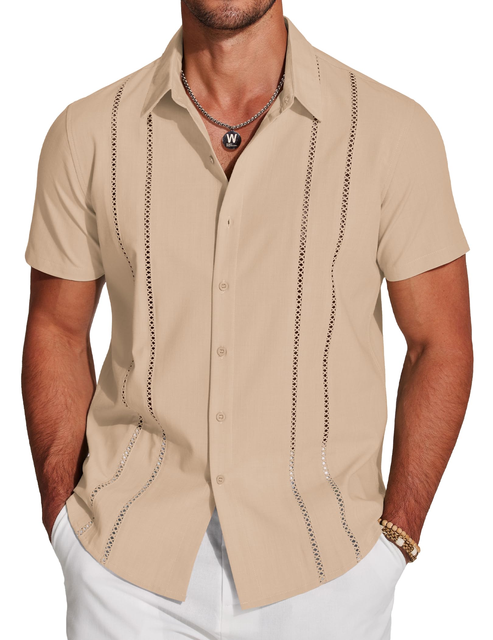 Photo 1 of COOFANDY Mens Linen Shirts Short Sleeve Casual Button Up Shirts Loose Fit Beach Summer Shirts Dark Khaki