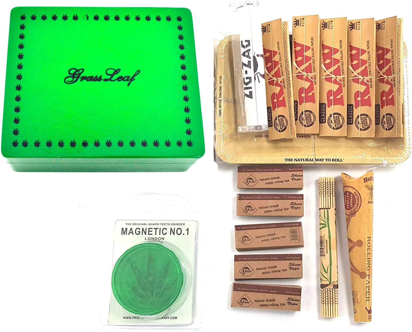 SHINE GRASSLEAF Wooden Rolling Box with RAW Tray Gift Set- Includes Papers/Tips/Rolling Machine/MAT Green Large Box Small Tray