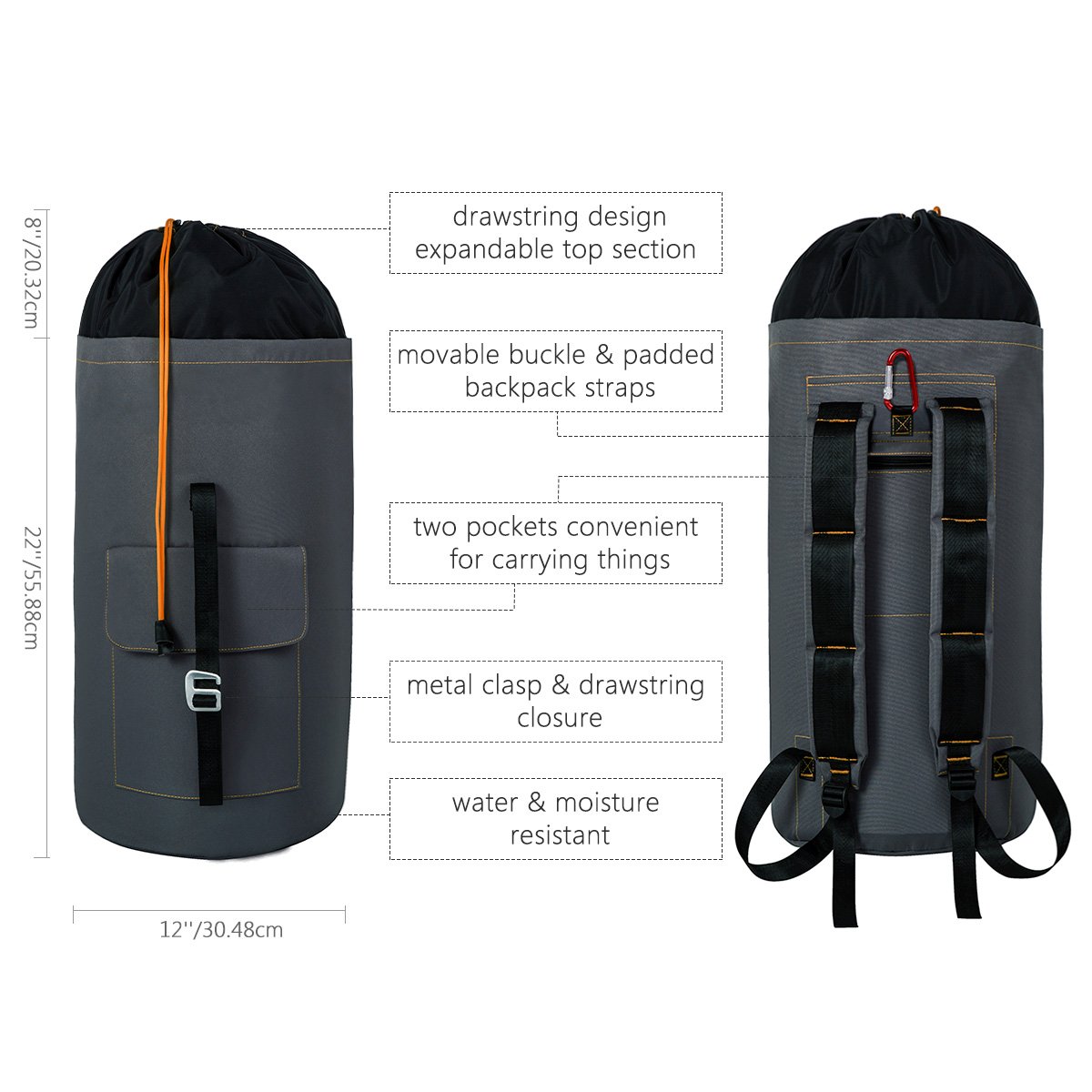 ZERO JET LAG Large Laundry Bag Laundry Hamper Travel Laundry Bag Hanging Waterproof Mesh Cover Durable Storage Bag Collage Dorm Sports (Dark Grey)