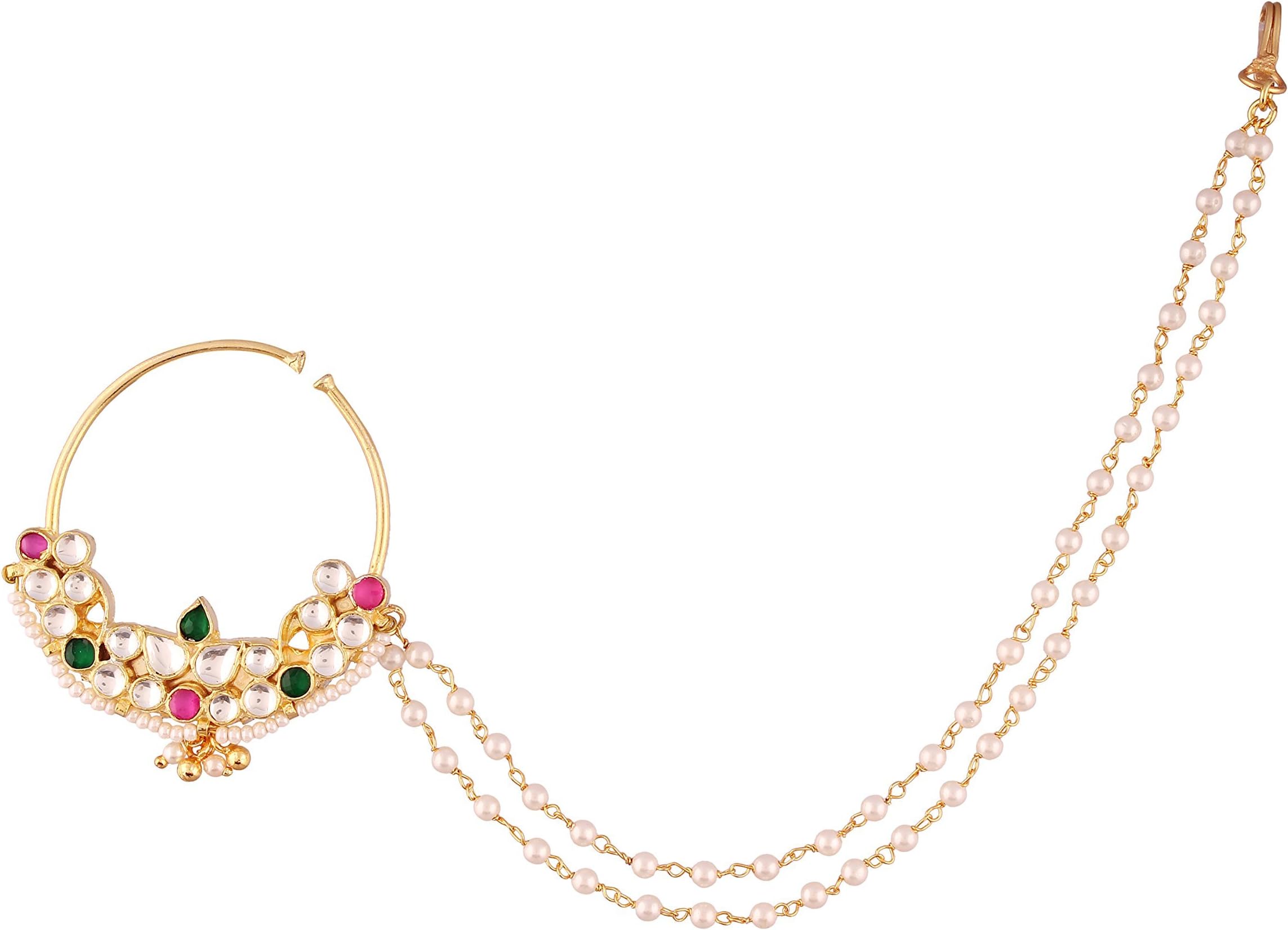 ACCESSHERPink Green Brass Bridal Jadau Kundan and Pearl Nose Ring with Double Chain for Women and girls pack of 1