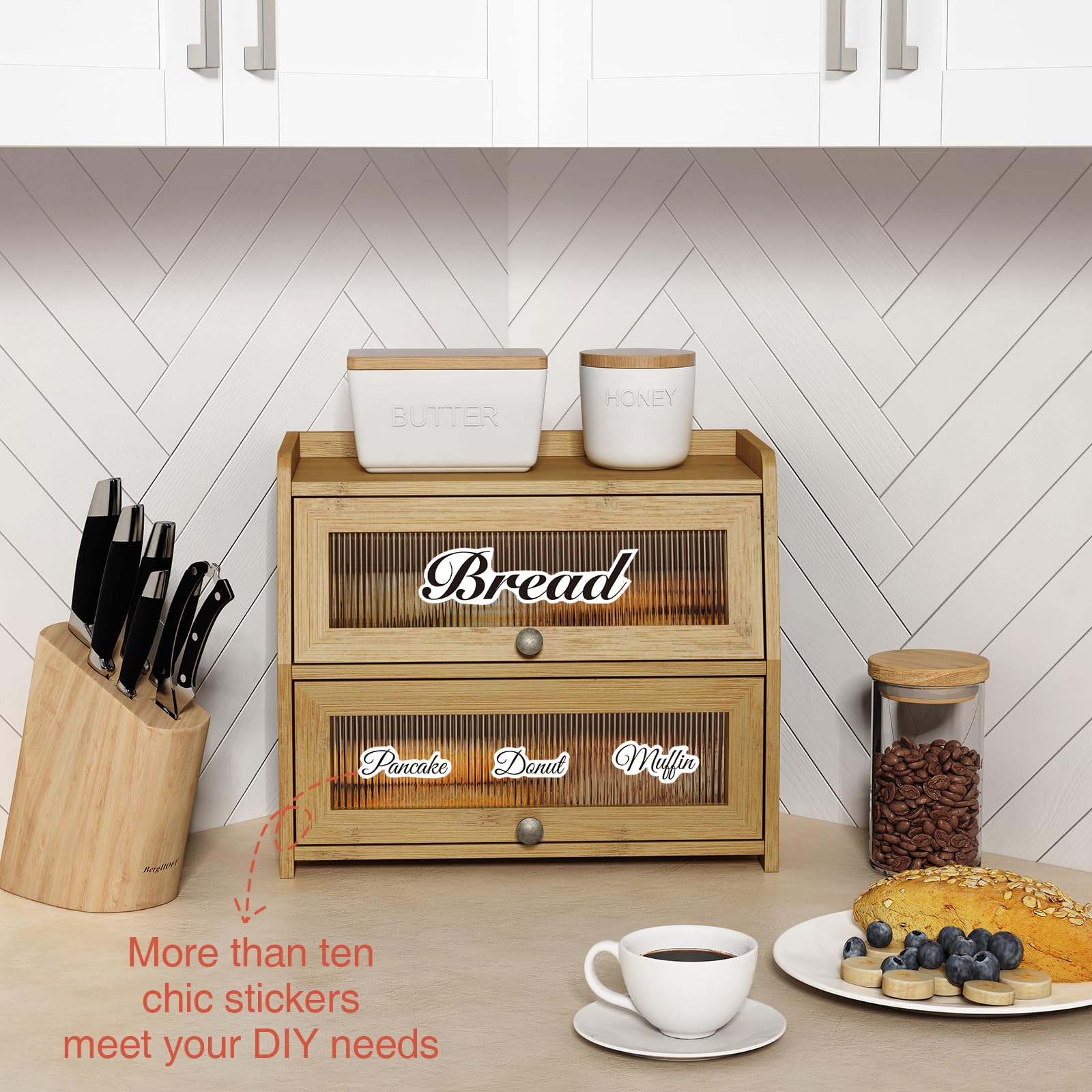 Goozii Large Bread Box for Kitchen Countertop, Double Layer Breadbox for Homemade Loaf Bread, Farmhouse Bread Storage Container Bin for Kitchen Counter Pantry Cupboard (Natural Bamboo)