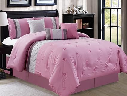Empire Home 7 Piece Solid Embroidered Flower Oversized Comforter Set 21155 Rose Pink Gray King
