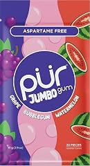 PUR Jumbo Gum, Grape, Bubblegum, Watermelon, Xylitol Gum, 20 Count | No Artificial Sweeteners or Flavors, Sugar Free, Asparta