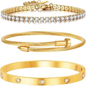 UnimiUna 18K Gold Plated Stackable Love Bangle Bracelet Set for Women - 3 Pcs Stainless Steel Chain Bracelet Cubic Zirconia T