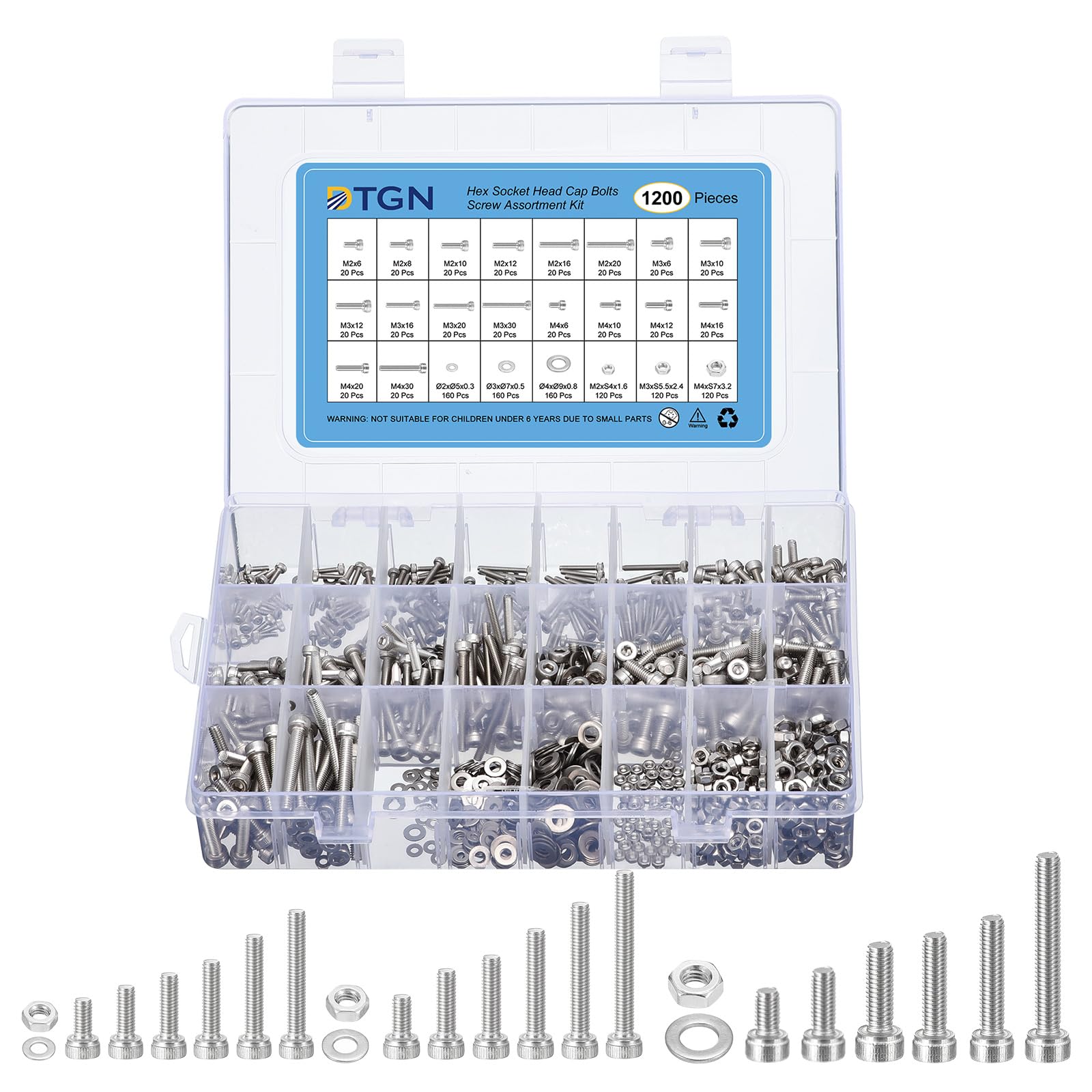 DTGN 1200Pcs Metric Screw Assortment, M2/M3/M4/M5 Bolts and Nuts Kit, 304 Stainless Steel 6/8/10/12/16/20mm Hex Socket Head Cap Screws Bolt Set With Washers for 3D Printing DIY
