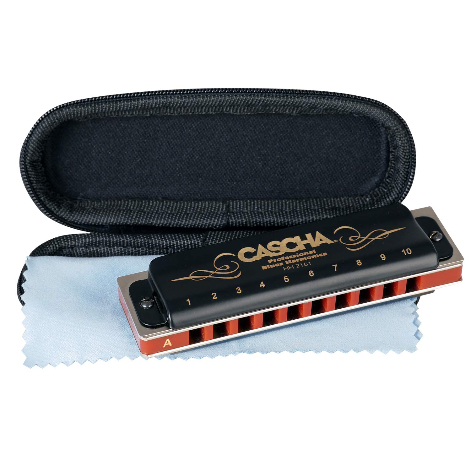 CASCHA Harmonica A-Major, Diatonic Blues Harmonica Set 10-hole, Excellent Sound, Black, Brass, Perfect Storage with Softcase and Cleaning Cloth