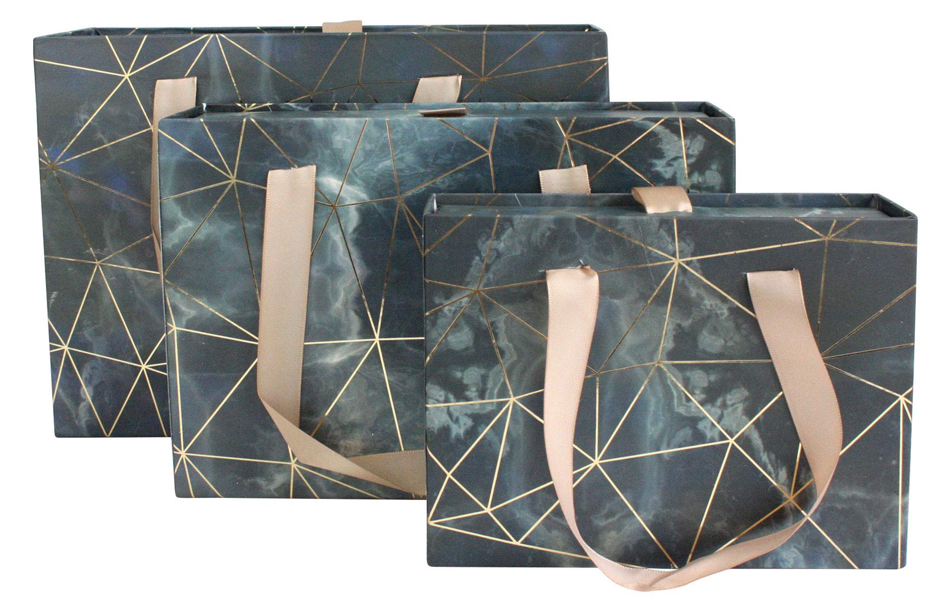 Emartbuy Set of 3 Gift Box, Blue Grey Marble Print with Golden Origami Lines and Beige Carry Handle
