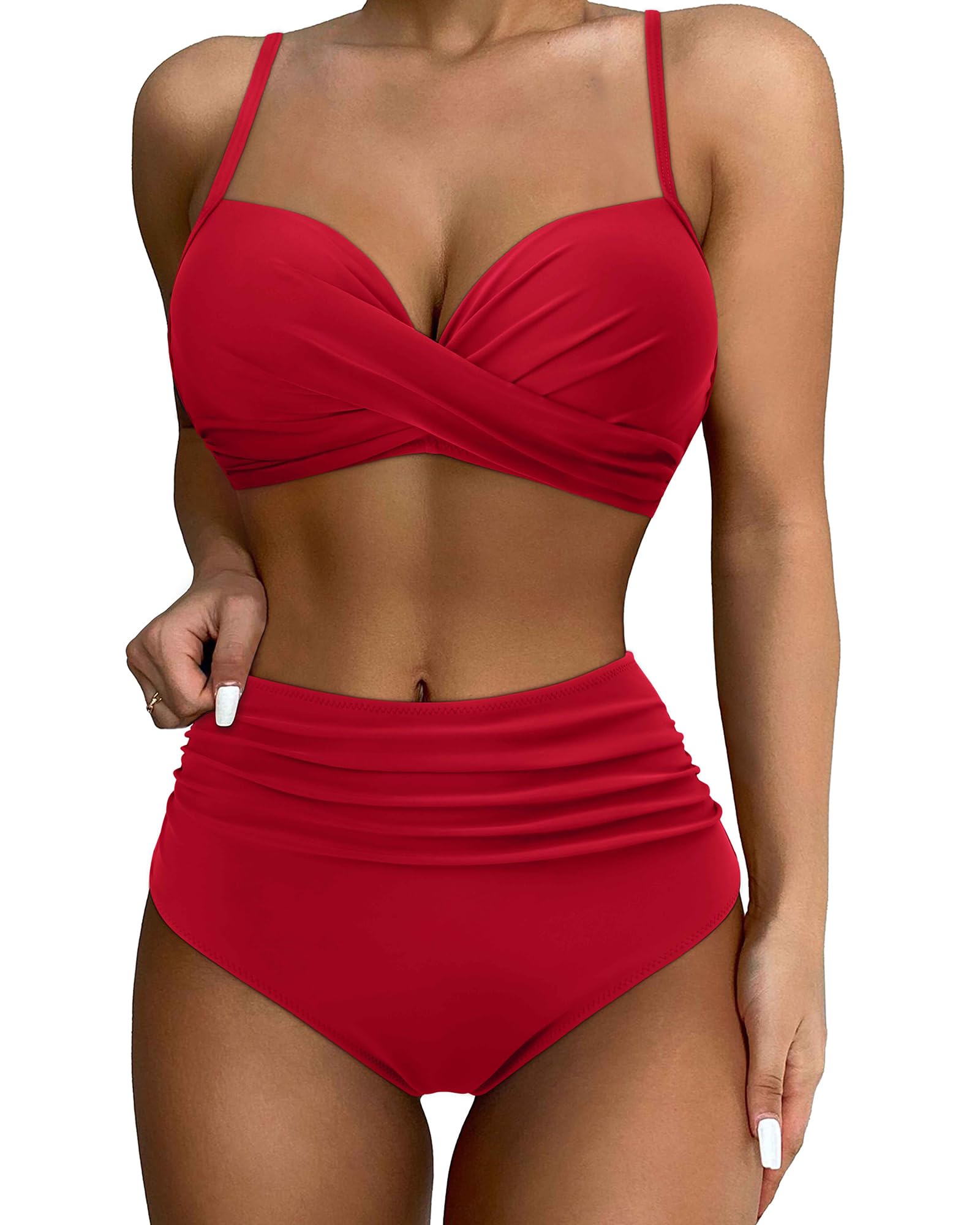Photo 1 of *ONLY TOP* SUUKSESS Women Twist High Waisted Bikini Push Up Two Piece Swimsuits Sexy Bathing Suits (Red,M)
