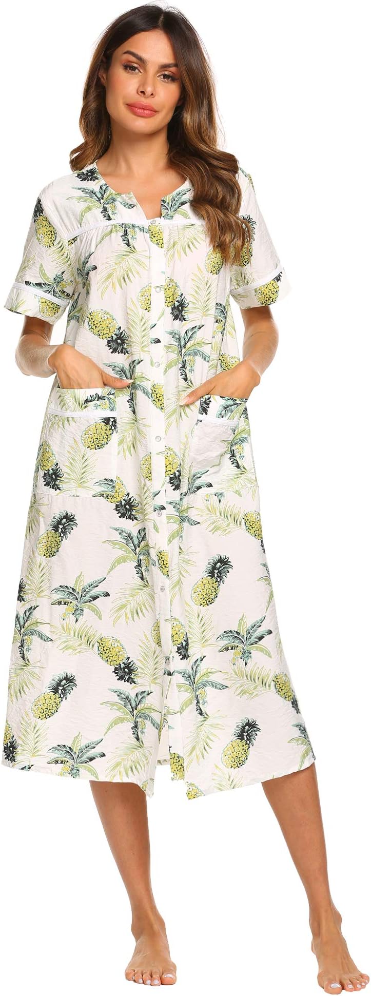 ملابس نوم نسائية من إيكواير مئزر بأزرار كبس أمامية ثوب غير رسمي ولباس ليلي مئزر بأكمام قصيرة معطف منزلي ثوب منزلي فستان نوم طويل مقاس s xxl