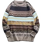 Flygo Men's Vintage Grandpa Sweater Crewneck Oversized Striped Aztec Cable Knit Pullover Unisex Jumper Tops(Grey-XL)