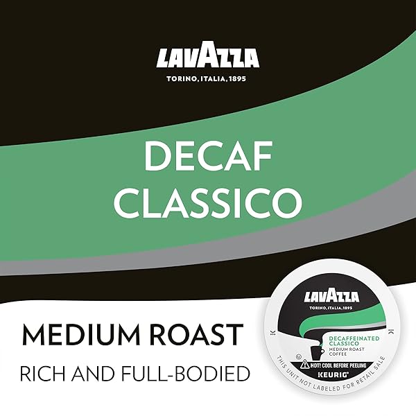 LAVAZZA CLASSICO DECAF SINGLE-SERVE COFFEE K-CUPS FOR KEURIG BREWER, MEDIUM ROAST, 10 COUNT BOX ,RICH AND FULL-BODIED FLAVOR DELIVERS A UNIQUELY INTENSE AROMA OF DRIED FRUITS, 100% ARABICA COFFEES
