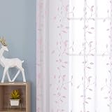 Deconovo Top Ring Leaf Embroidery Net Curtains 2 Panels Pink 55x72 Drop view 3