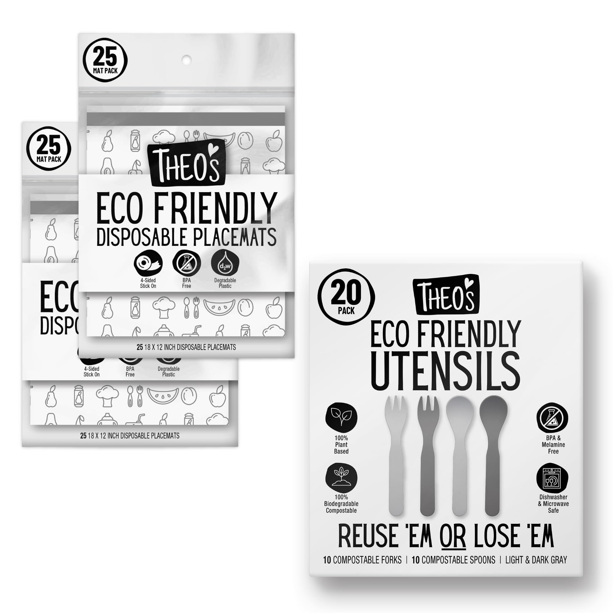 THEO'S Restaurant Rockstar Baby Led Weaning Bundle with 100% Disposable and Non-toxic Utensils and Placemats