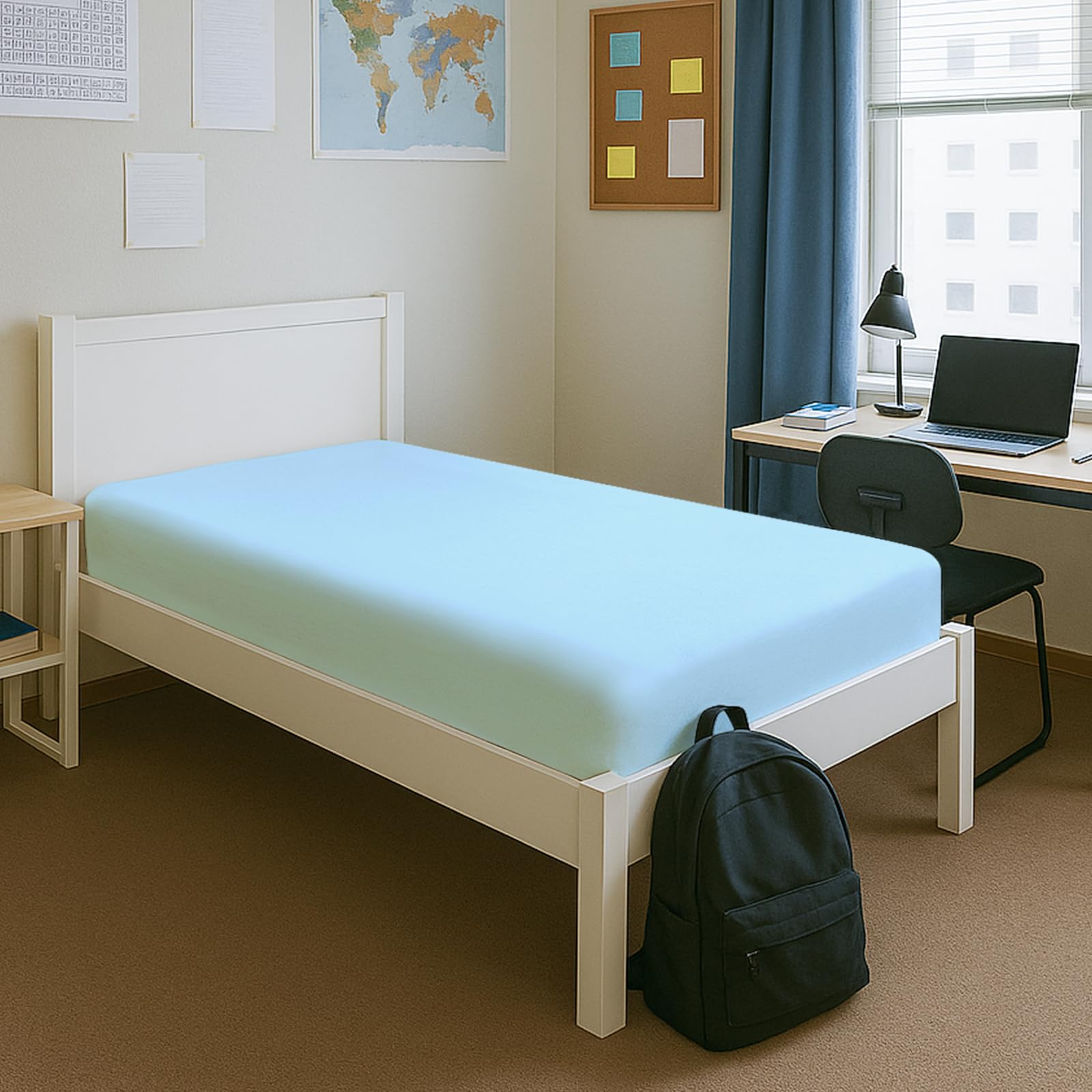 Pizuna Pure Combed Cotton Single Bed Fitted Sheet Baby Blue, 600 Thread Count 100% Long Staple Cotton Fitted Sheet Single Bed 90 X 200cm, Sateen Weave 40 cm Deep Fitted Sheets 1 PC Baby Blue — image 1