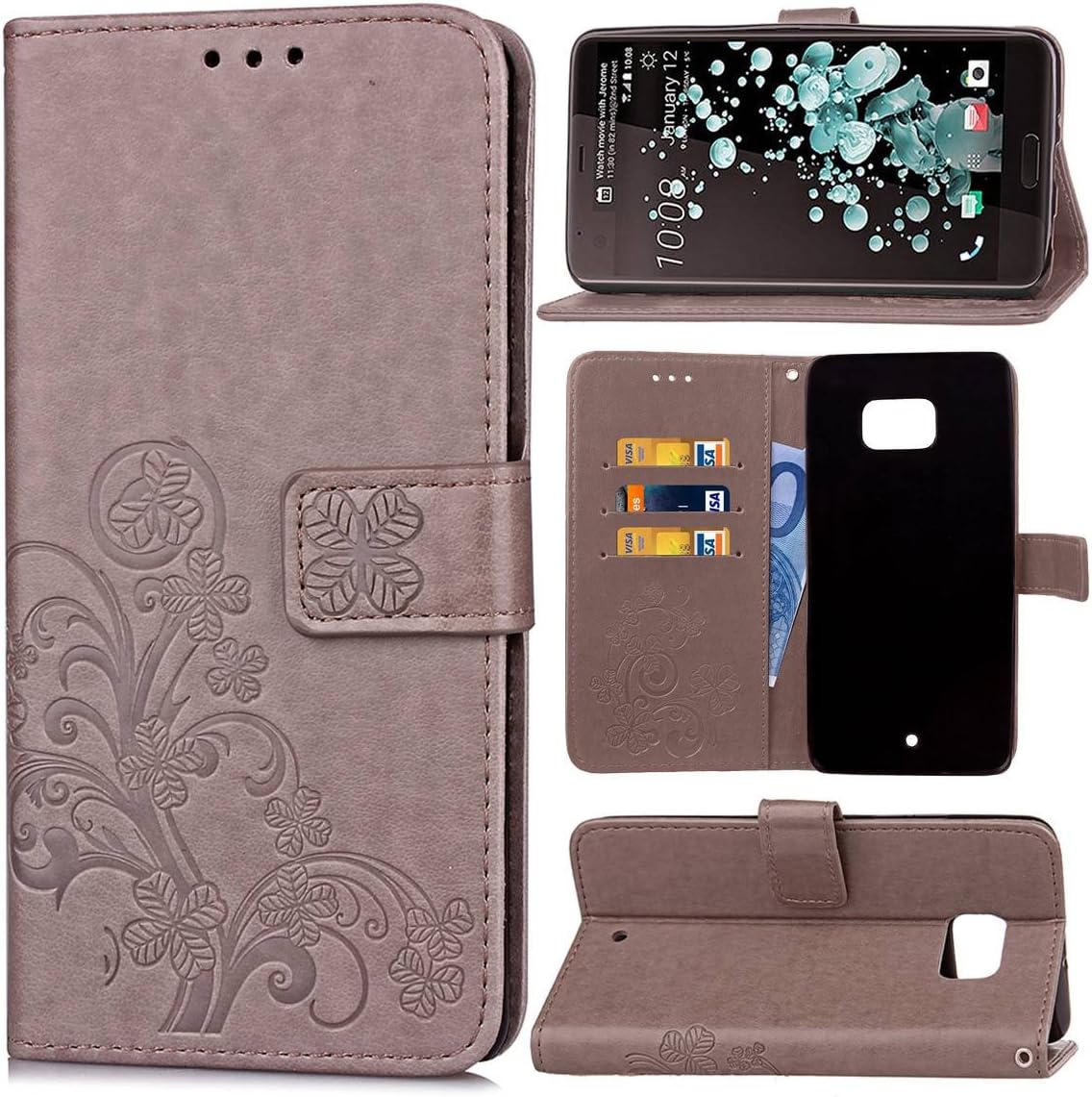 Guran® PU Leather Case for HTC U Ultra Smartphone Flip Cover with Wallet and Stand Functions Lucky Clover Pattern Design Embossed Phone Case - Gray