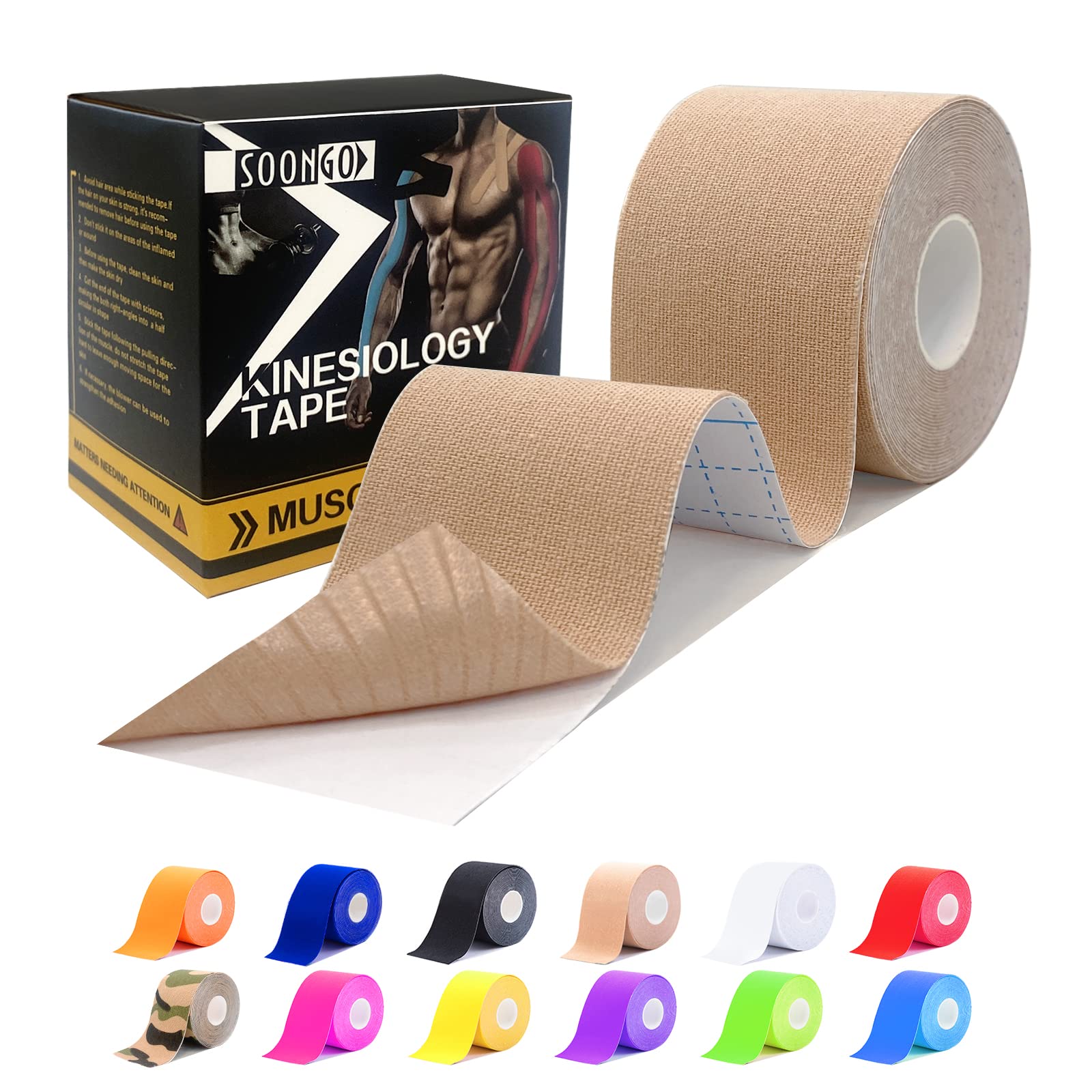 Kinesiology Tape Rock Tape Physio Tape 5m roll, Elastic Therapeutic Sports Tape for Shoulder, Ankle, Elbow, Wrist, Knee Support, Waterproof Physiotherapy Body Tape for Muscle Pain by SOONGO (Beige)