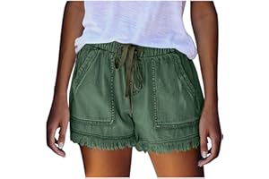 Binmer Womens Casual Drawstring Shorts Faux Denim Tassel Hem Lightweight Comfy Summer Elastic Waist Shorts Jeans with Pockets