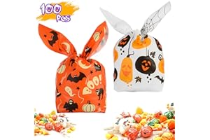 IIOSCRE 100 PCS Halloween Treat Bags Candy Bags, Kids Trick or Treat Bags Goodie Bags, Cute Rabbit Ear Small Halloween Cookies Plastic Gift Bags for Halloween Party Decoration Supplies