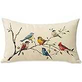 Fahrendom Birds Lumbar Decorative Rectangle Pillow Cover 12 x 20, Watercolor Cardinal Bluebirds Goldfinch Branch Porch Patio Outdoor Pillowcase, Farmhouse Sofa Couch Cushion Case Home Decor