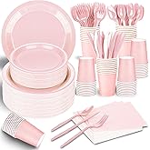 TWOWYHI 228PCS Pink Party Supplies Set Include Paper Plates Cups Pink Napkins Plastic Spoons Forks Knives for 30 Guests Disposable Party Dinnerware For Birthday Wedding Family Picnic
