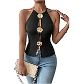 Milumia Women's Mental Floral Cut Out Halter Top Sleeveless Tie Backless Split Hem Cami Tops
