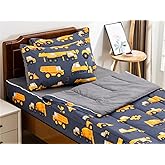NTBED Construction Truck Printed Zipper Bedding Sets Twin Lightweight Microfiber Car Comforter Sets with Fitted Sheet Pillow Covers,Dark Grey