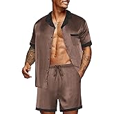 Ekouaer Men Satin Silk Pajamas Set with Pockets Sleepwear Shorts Satin Summer Loungewear 2 Piece Button Down Set S-3XL