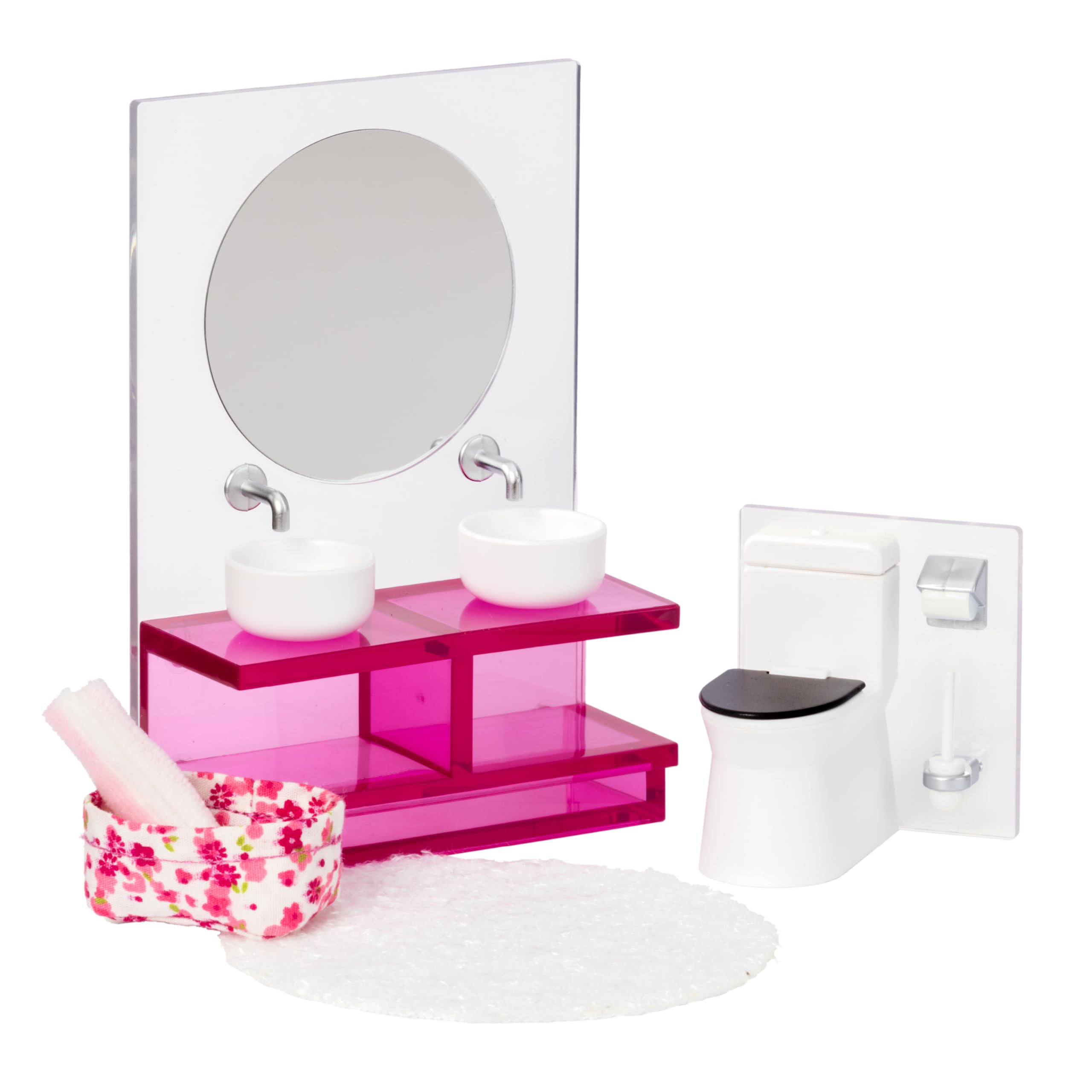 LUNDBY Dolls House Furniture Bathroom Set – Mirror Vanity Unit with 2 Sinks + Toilet – Doll House Accessories – 5-piece set for 11cm Mini Dolls – Age 4+ 1:18