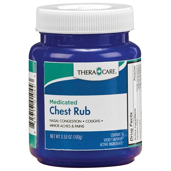 THERACARE MEDICATED CHEST RUB | COUGH SUPPRESSANT | RELIEVES NASAL CONGESTION | RELIEVES MINOR ACHES AND PAINS | 3.53 OZ. JAR | EUCALYPTUS, MENTHOL + CAMPHOR