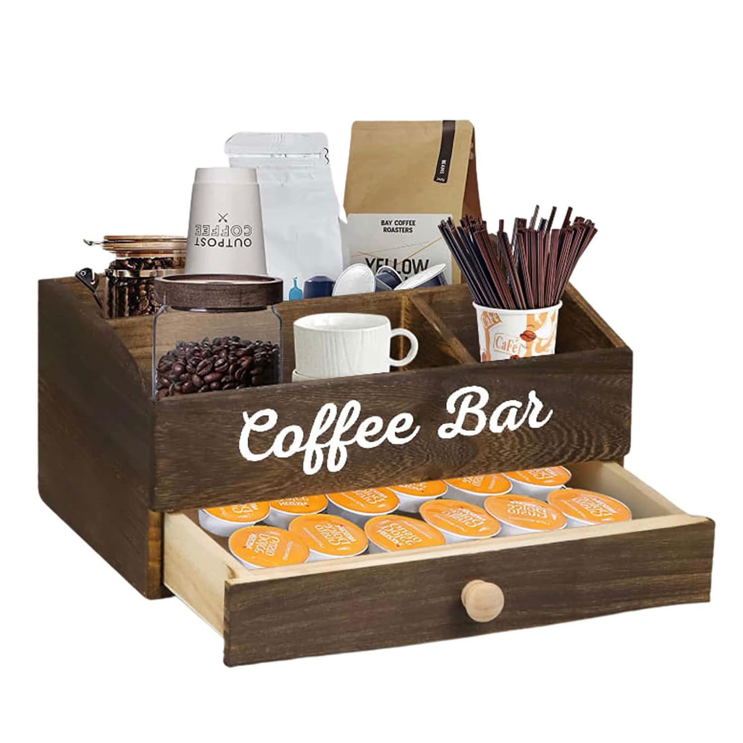 Guolich Coffee Cup and Condiment Station,Coffee and Tea Condiment Storage Organizer,Coffee Bar Accessories,Countertop Organizer,Tea and coffee pod organizer (BROWN)