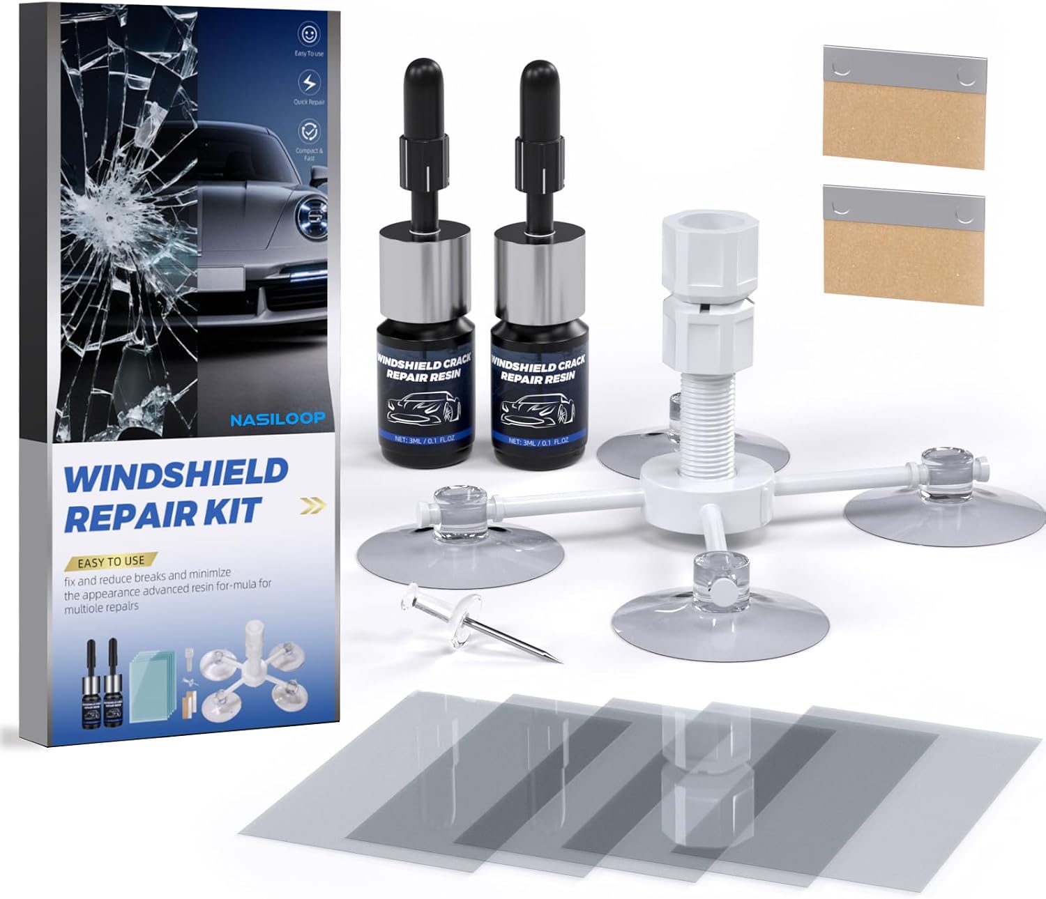 NASILOOP Windshield Repair kit, Quick and Efficiency Glass Repair Fluid, Car Windshield Crack Repair Resin Kit for Fixing Chips, Bulls-Eye, Cracks and Star-Shape Cack-2 Pack