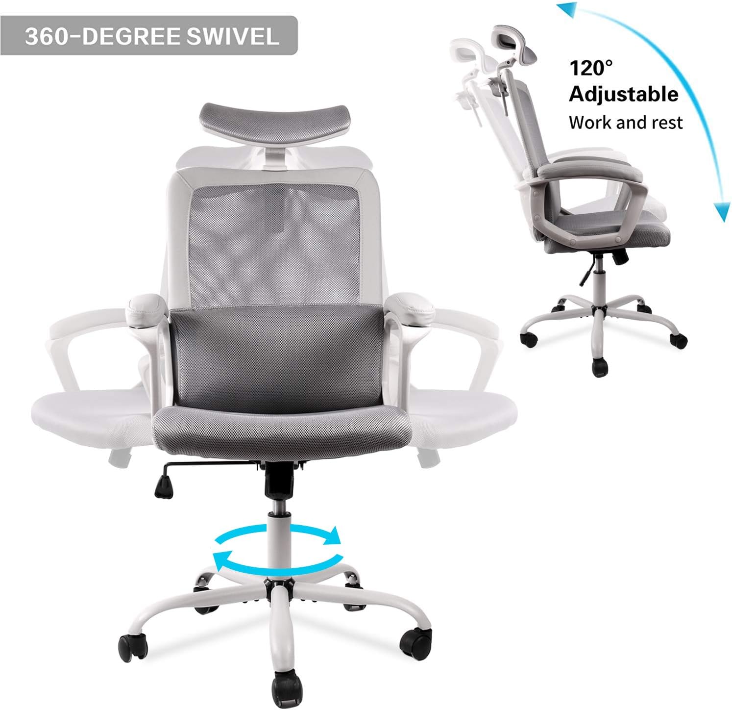 Smugdesk Office Chair, High Back Ergonomic Mesh Desk Office Chair with Padding Armrest and Adjustable Headrest -Gray: Home & Kitchen