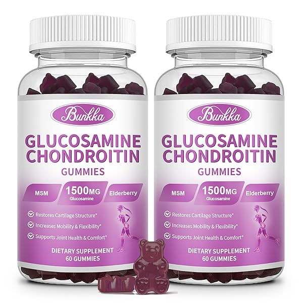 BUNKKA 2 PACK GLUCOSAMINE CHONDROITIN GUMMIES EXTRA STRENGTH W/MSM,ELDERBERRY,HYALURONIC ACID-CHEWABLE JOINT SUPPORT SUPPLEMENT FOR WOMEN,MEN,ADULTS-ANTIOXIDANT SUPPORT FOR JOINT COMFORT & MOBILITY