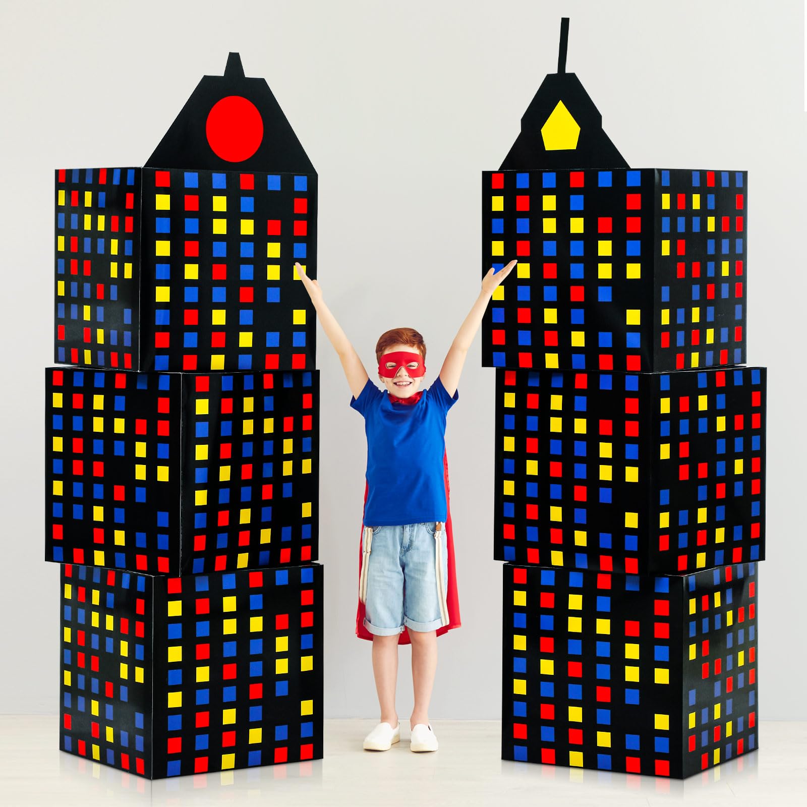 Photo 1 of 6 Pcs Large Hero Party Favor Boxes 11 Inch Skyscraper City Gift Hero Theme Candy Treat Boxes City Skyline Buildings Heroes Centerpiece for Boys Girls Birthday Party Decoration (Multicolor)