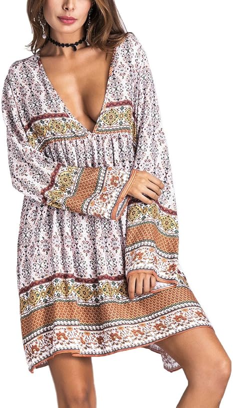 ビグッド Bigood レディース 深vネック ワンピース 長袖 カジュアルワンピース ドレス チュニック デート リゾート お出かけ ホワイトa M ワンピース チュニック 通販 Amazon