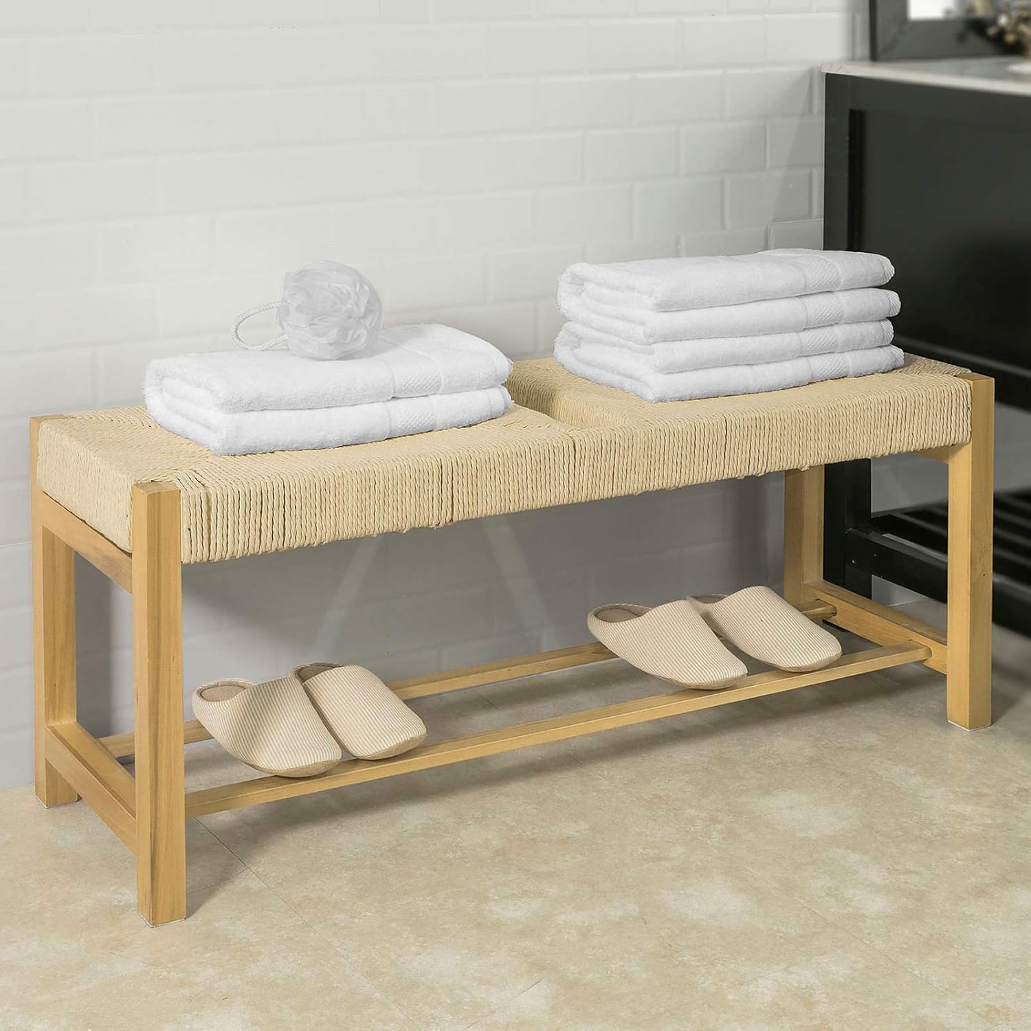 SoBuy FSR68-N Design Schuhbank mit Sitzfläche aus Jute Seil Sitzbank