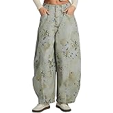 YEXPINE Women's Printed Baggy Barrel Jeans High Waisted Wide Leg Denim Pants