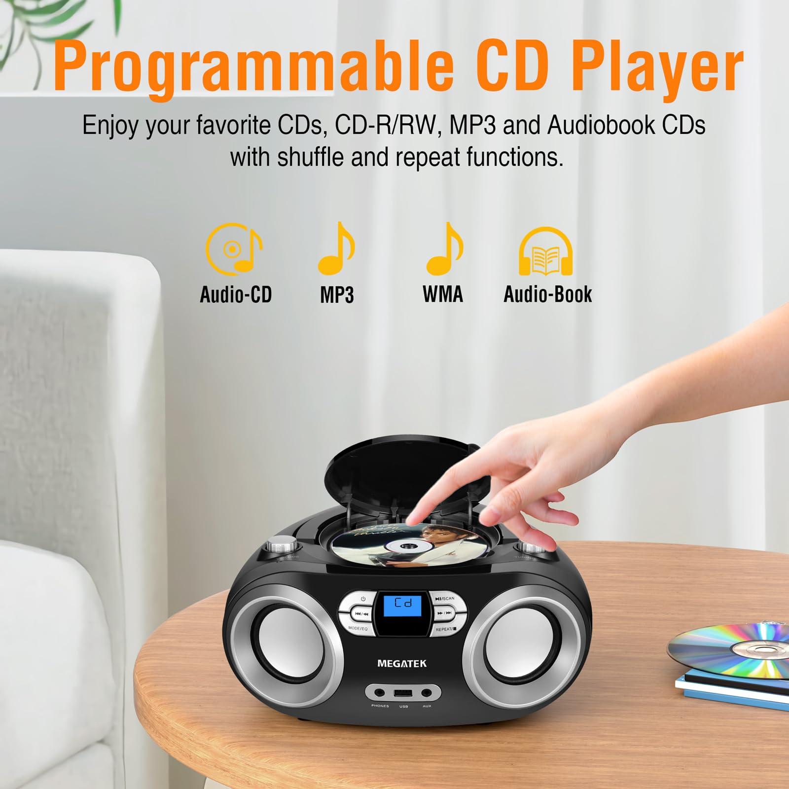 MEGATEK Portable CD Player Boombox With FM Radio, Bluetooth, And USB