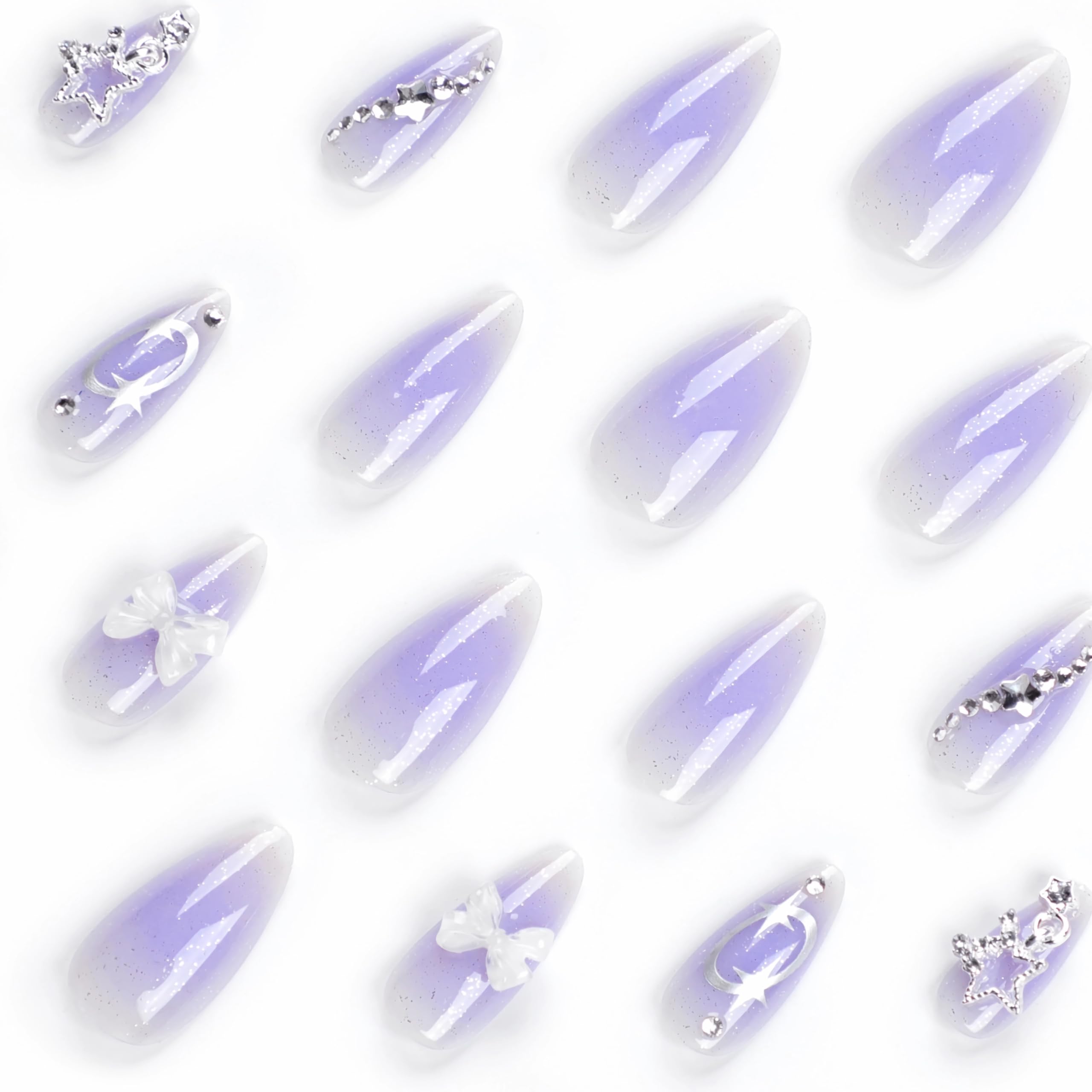 BABALAL Almond Shape Medium Purple & White Rhinestone Glitter Acrylic Nails - 24Pcs Stiletto Set Shiny False Nails for Women and Girls - Image 3