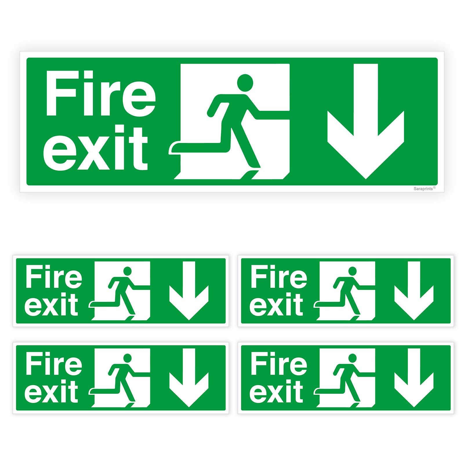 Pack of 5 Down Fire Escape Sign (300 x 100 mm) Waterproof Self adhesive Fire Exit Sign Sara Prints®