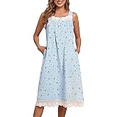 Bloggerlove Nightgowns for Women 100% Cotton Button Down Sleeveless House Dress Lace Moomoo Nightgown with Pockets