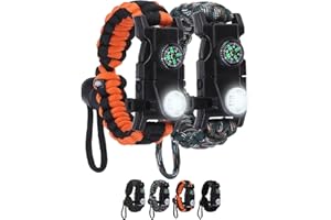 NESAYVER Survival Bracelets, Paracord Bracelets (2 pcs) with Loud Whistle Light Flint, Adjustable Compass Bracelet for Outdoor Camping Hiking Fishing Hunting, Multitools Tactical Gear, Bearable 300 lb