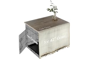 VIE DE AMAN Dog Crate Topper Wood for 48 42 36 24 inch Cages, Dog Crate Table Topper with Tassel Curtain, Rustic Style Dog Kennel Topper, Oak Grey(Dog Crate Not Include)