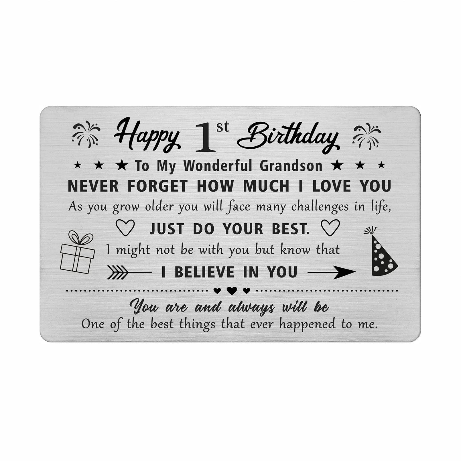 FALOGI Grandson 1st Birthday Card - Happy 1 Year Old Birthday Card for Grandson - Birthday Gifts for 1 Year Old Grandson, Metal Engraved Wallet Card