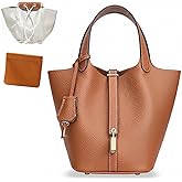 HRANRA Genuine Leather Lock Design Bucket Bag for Women, Vegetable Basket Fashionable Versatile Handbag (Brown)
