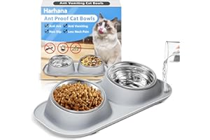HARHANA Ant Away Stainless Steel Elevated Cat Bowls with Stand - Tilted Anti Vomiting, Double Food and Water Bowl Set (Grey, 16 Oz)